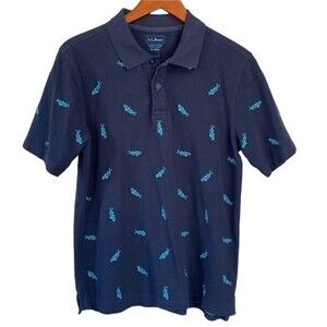 LL Bean Embroidered River Fish Short Sleeve Polo Shirt Cotton Navy Blue Outdoor